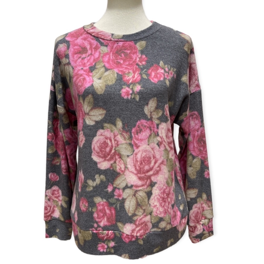 Womens Oddy Gray and Pink Floral Pullover Fleece Sweatshirt
